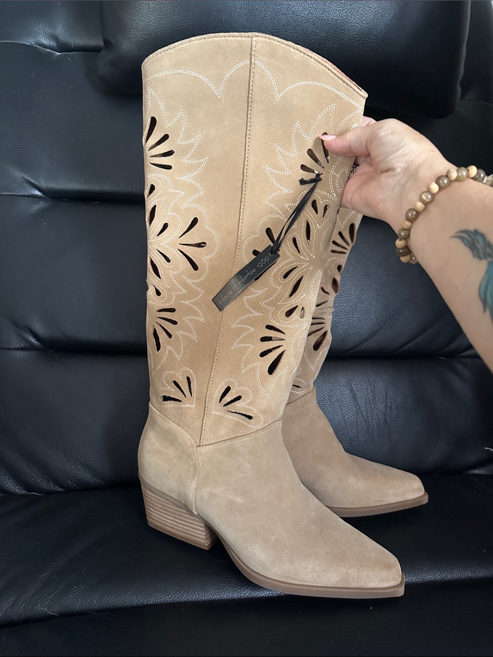 House of Harlow 1960 Beige Tan Suede Over-the-Knee Cutout Boots - Picture 2 of 6